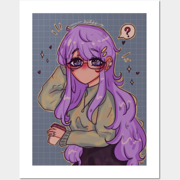 Purple anime girl with cup of coffee Wall Art by shoke.chan